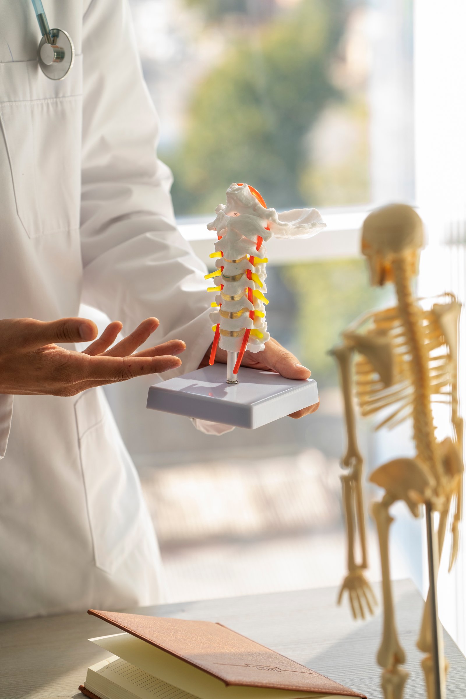 doctor-explaining-anatomy-front-view عيادة جراحة العظام